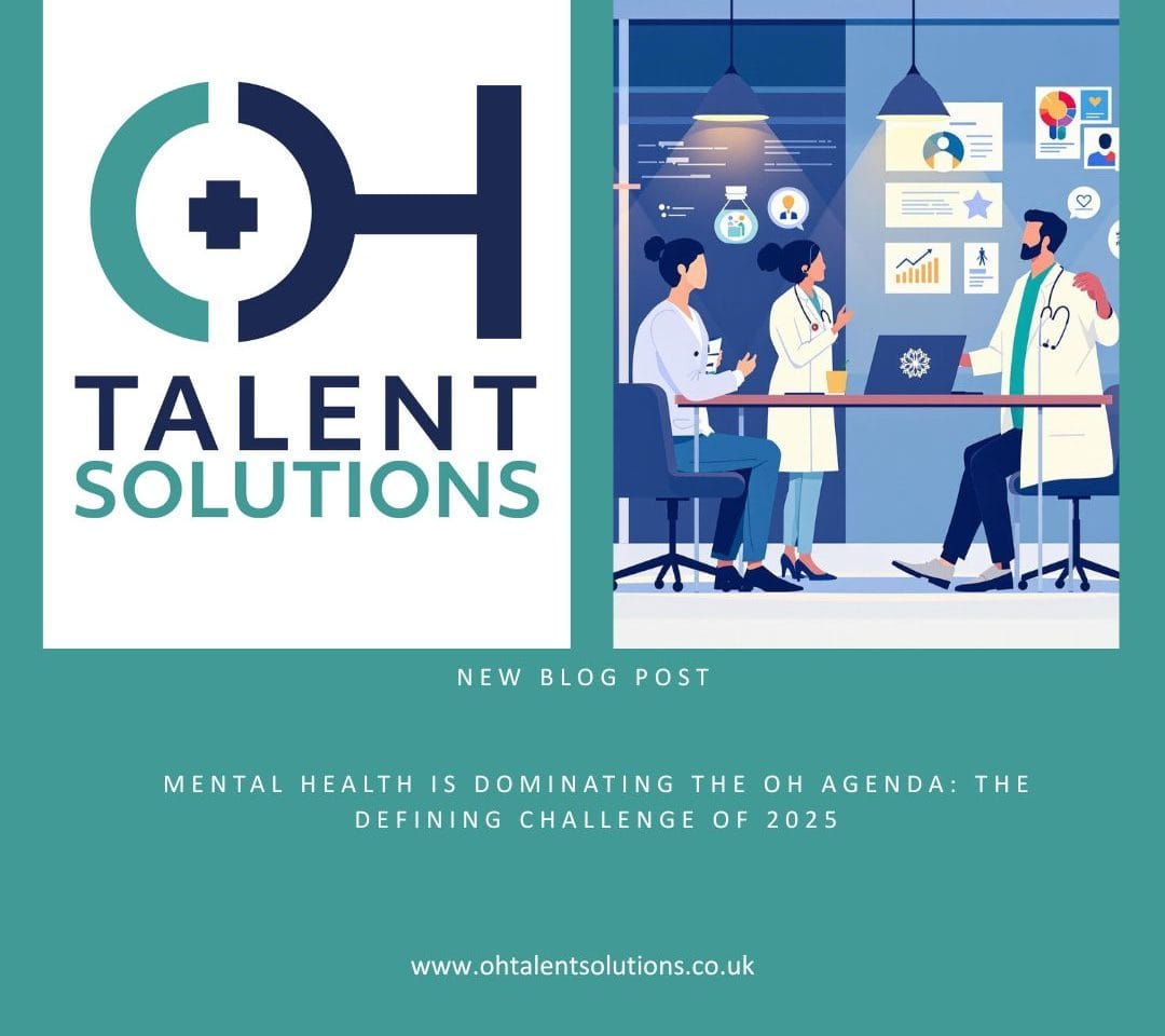 Modern healthcare illustration depicting diverse occupational health advisors and physicians discussing mental health strategies in a contemporary office environment. The image includes visual elements representing brain health, workplace wellbeing charts, and mental health awareness graphics, designed in professional navy blue and teal colours matching OH Talent Solutions' branding.