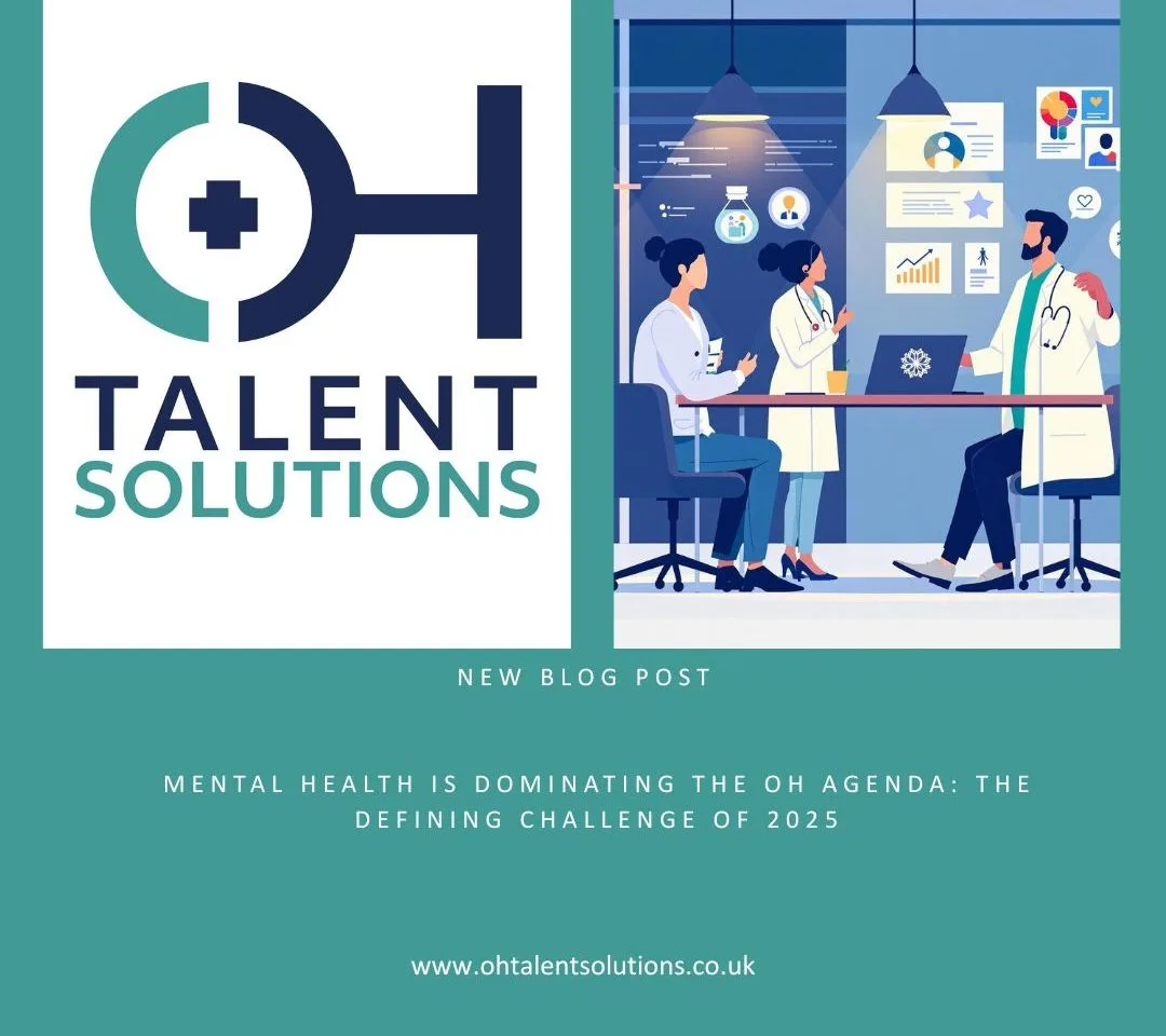 Modern healthcare illustration depicting diverse occupational health advisors and physicians discussing mental health strategies in a contemporary office environment. The image includes visual elements representing brain health, workplace wellbeing charts, and mental health awareness graphics, designed in professional navy blue and teal colours matching OH Talent Solutions' branding.