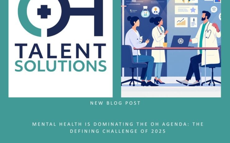 Modern healthcare illustration depicting diverse occupational health advisors and physicians discussing mental health strategies in a contemporary office environment. The image includes visual elements representing brain health, workplace wellbeing charts, and mental health awareness graphics, designed in professional navy blue and teal colours matching OH Talent Solutions' branding.