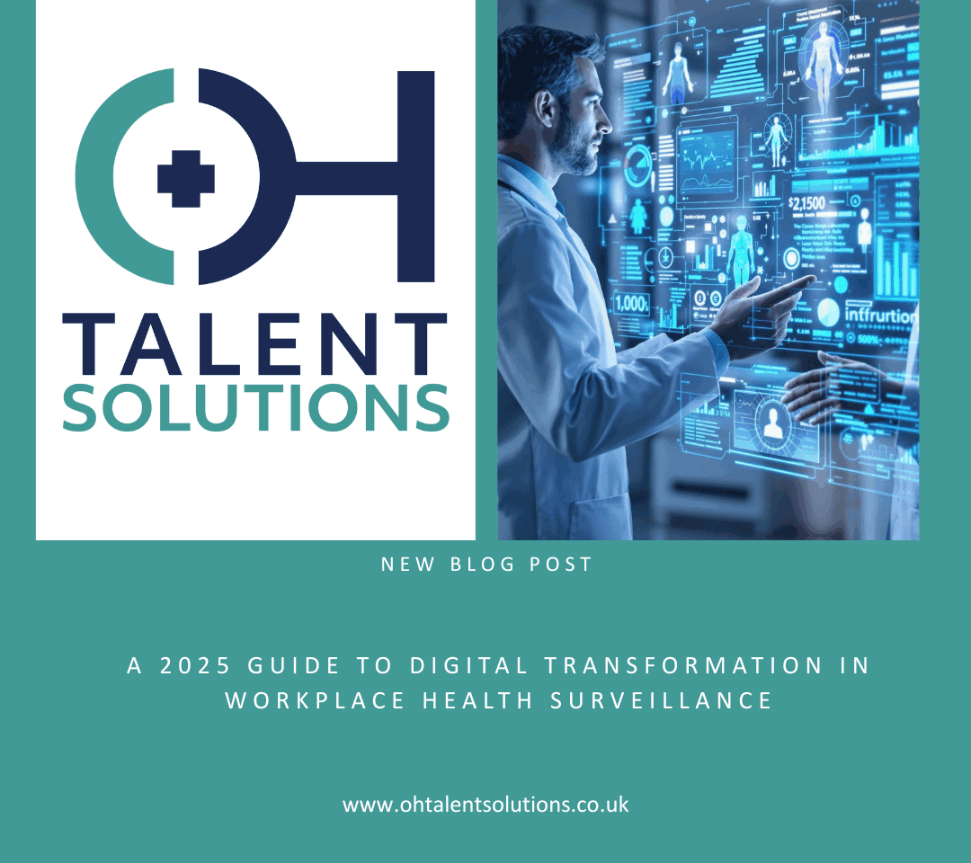 Occupational health professional in a white coat examining holographic medical data displays in a modern medical office. The scene features interactive 3D health metrics and AI-assisted diagnostic tools with a calming blue technological glow, representing the integration of artificial intelligence in occupational health practice.