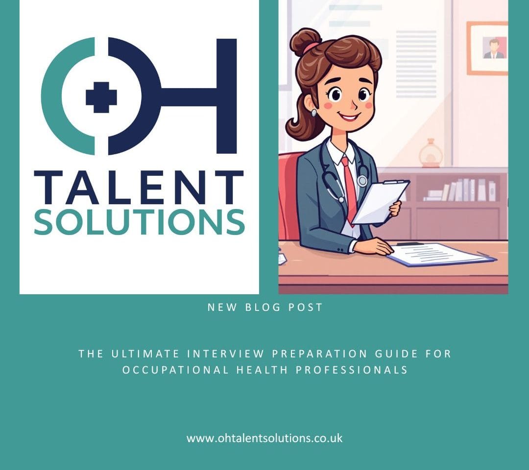 Cartoon illustration of a friendly healthcare professional in business attire sitting confidently at an interview desk, representing occupational health interview preparation with colourful, approachable design elements including medical symbols and office setting