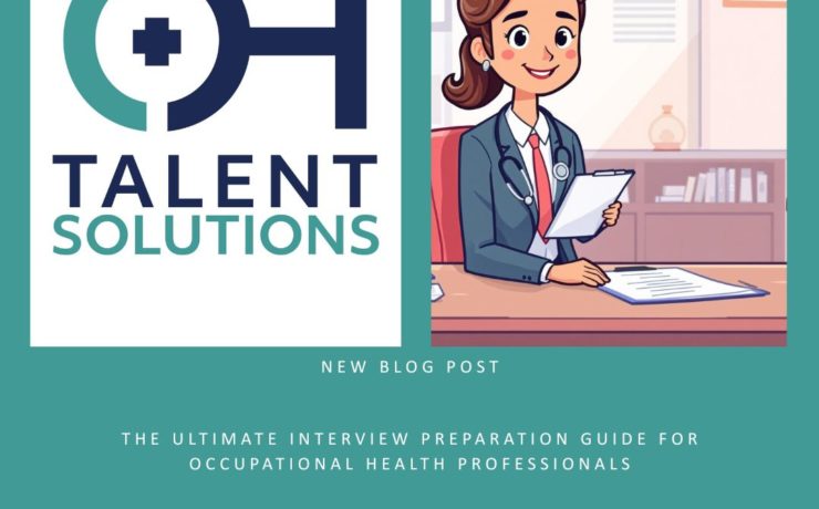 Cartoon illustration of a friendly healthcare professional in business attire sitting confidently at an interview desk, representing occupational health interview preparation with colourful, approachable design elements including medical symbols and office setting