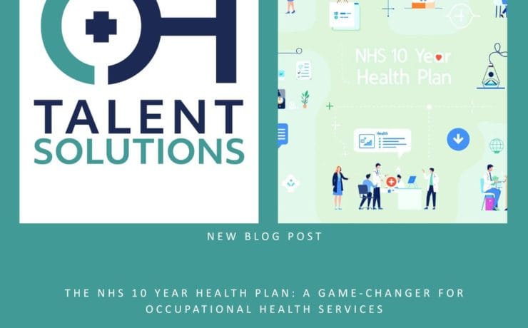 Professional healthcare illustration featuring NHS branding with medical professionals and digital health icons, representing the NHS 10 Year Health Plan and its impact on occupational health recruitment and workplace wellness initiatives