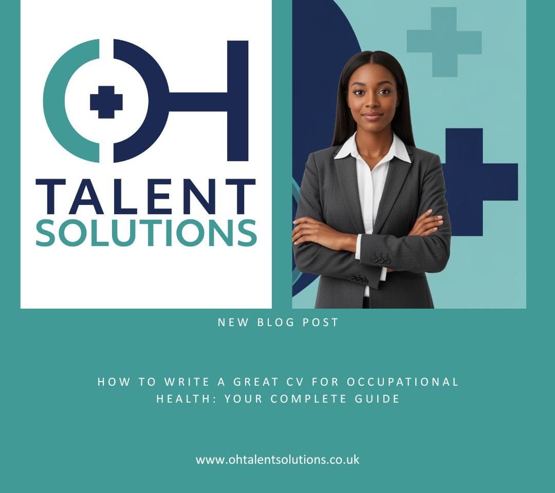 Professional minimalist healthcare illustration featuring a stethoscope and medical cross symbol in navy blue and teal colours, designed as a header image for occupational health CV writing guidance