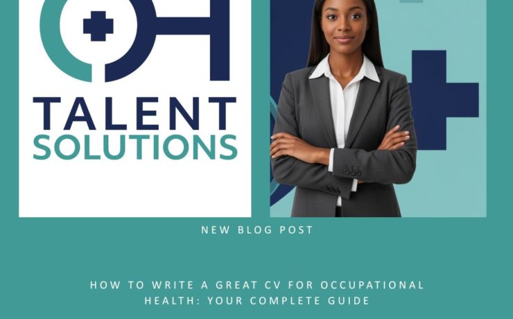 Professional minimalist healthcare illustration featuring a stethoscope and medical cross symbol in navy blue and teal colours, designed as a header image for occupational health CV writing guidance