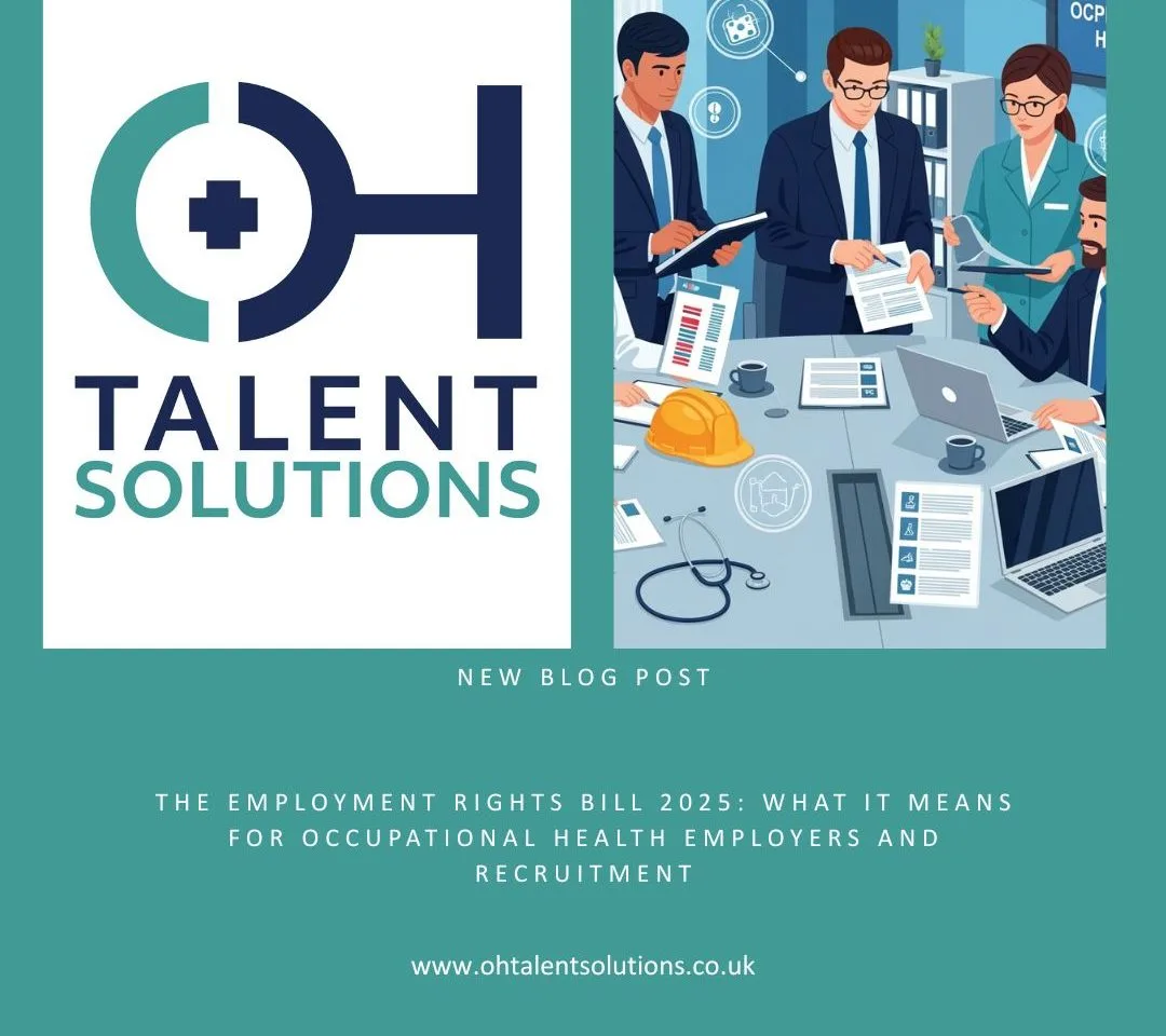 Professional diverse healthcare workers discussing Employment Rights Bill 2025 in modern UK office setting with occupational health documents and safety equipment on conference table