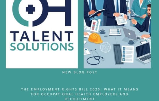 Professional diverse healthcare workers discussing Employment Rights Bill 2025 in modern UK office setting with occupational health documents and safety equipment on conference table