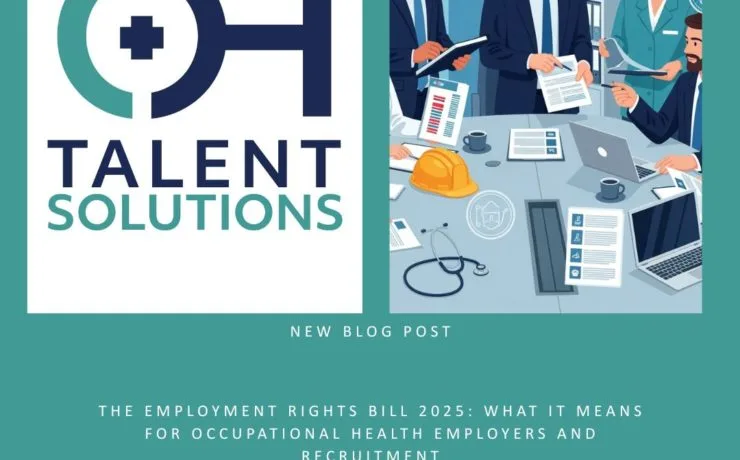 Professional diverse healthcare workers discussing Employment Rights Bill 2025 in modern UK office setting with occupational health documents and safety equipment on conference table