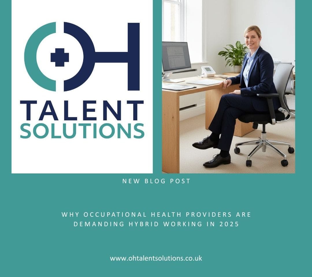 A woman wearing glasses and a light blue blouse discusses an occupational health assessment with a younger man in a navy suit inside a bright, modern office, representing hybrid working in 2025