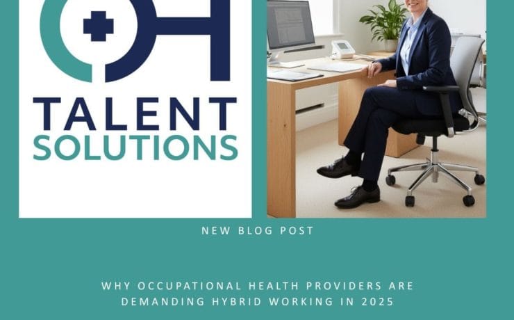 A woman wearing glasses and a light blue blouse discusses an occupational health assessment with a younger man in a navy suit inside a bright, modern office, representing hybrid working in 2025