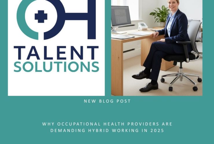 A woman wearing glasses and a light blue blouse discusses an occupational health assessment with a younger man in a navy suit inside a bright, modern office, representing hybrid working in 2025