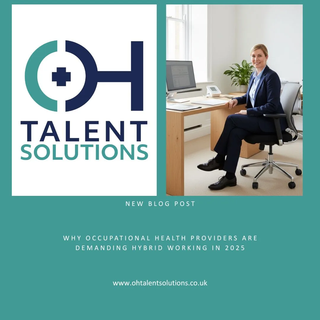 A woman wearing glasses and a light blue blouse discusses an occupational health assessment with a younger man in a navy suit inside a bright, modern office, representing hybrid working in 2025