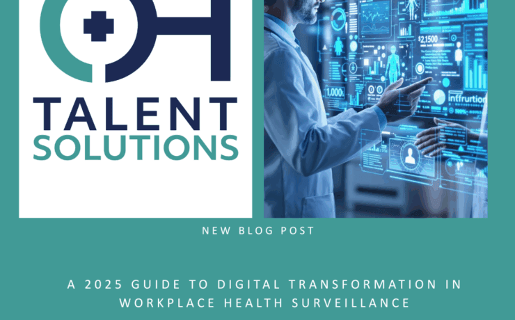 Occupational health professional in a white coat examining holographic medical data displays in a modern medical office. The scene features interactive 3D health metrics and AI-assisted diagnostic tools with a calming blue technological glow, representing the integration of artificial intelligence in occupational health practice.
